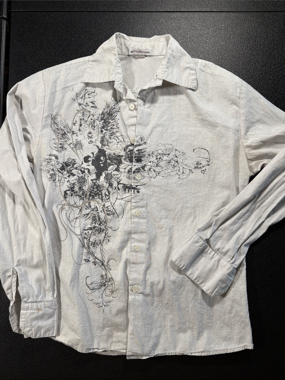 Motto Dba Clone Graphic Button Down Shirt Women’s Small Y2K Striped Floral